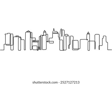 Skyline skyscrapers in one continuous line drawing. Modern architecture and urban living themes. Hand-drawn illustration for cityscapes.