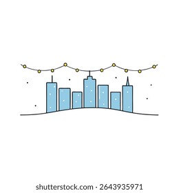 um horizonte com cascata de neve e luzes de corda penduradas