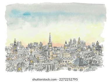 Skyline, sunrise, towers, spires, bells, city. Watercolor sketch illustration. Vector.