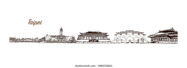 Skyline of Taipei, Capital of Taiwan. Hand drawn sketch illustration in vector.