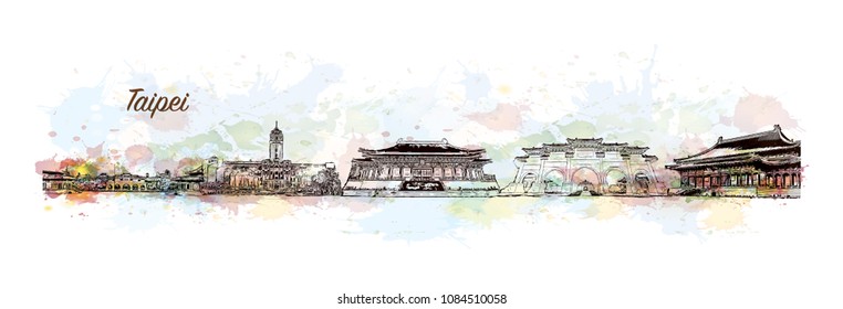 Skyline of Taipei, Capital of Taiwan. Watercolor splash with Hand drawn sketch illustration in vector.