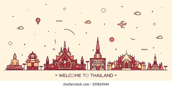 Skyline of Thailand, detailed silhouette. Trendy vector illustration, linear style.