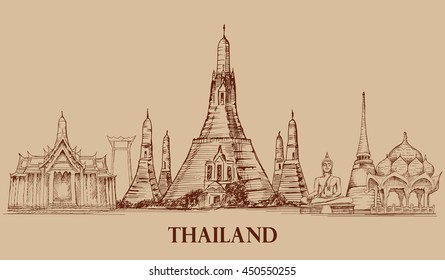 Skyline of Thailand, detailed silhouette.Travel Landmarks.
vector illustration. hand drawn 