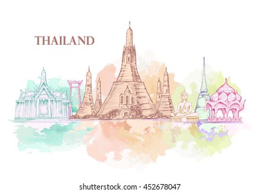 Skyline of Thailand, detailed silhouette.Travel Landmarks.
vector illustration, hand drawn, watercolor style