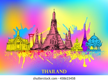 Skyline of Thailand, detailed silhouette.Travel Landmarks. vector illustration, hand drawn graphic, art, Splash paint violet and yellow, blue,  beautiful colorful card with architecture