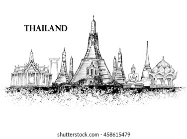 Skyline Thailand Detailed Silhouettetravel Landmarks Vector Stock ...