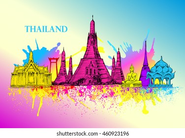 Skyline of Thailand, detailed silhouette.Travel Landmarks. vector illustration, hand drawn graphic, Splash paint violet and yellow, blue,  beautiful colorful card with architecture