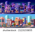 Skyline with town buildings and district, buildings and apartments, business center and downtown set. Vector cityscape during daytime and night, streets and landmarks, evening and morning architecture