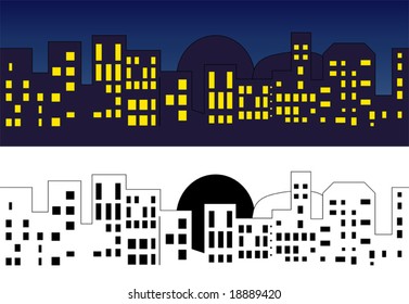 Skyline of a town (nignt and day). Vector illustration. Fully editable, easy color change.