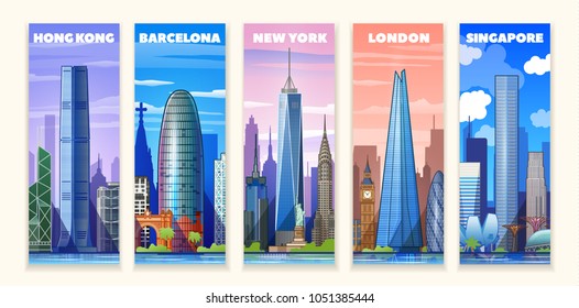 Skyline vector Illustration. Cities and Famous Buildings. Main buildings of Hong Kong, Barcelona,  New York, London, Singapore.
