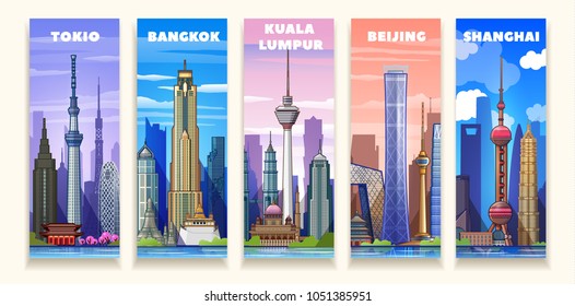 Skyline-Vektorgrafik. Städte und berühmte Gebäude. Hauptgebäude von Tokio, Barcelona, Kuala Lumpur, Peking, Shanghai.