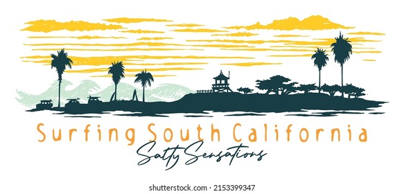 Skyline vector illustration of coastline landscape. Art in stripped lines.