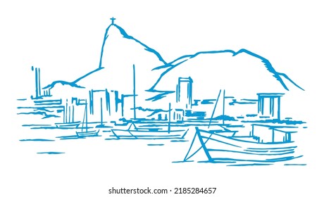 Skyline vector illustration of Rio de Janeiro city waterfront area, Brazil. Art in simple and stylized strokes.