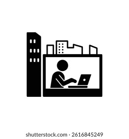 Skyline Window with Person Typing Inside Icon in Black Design