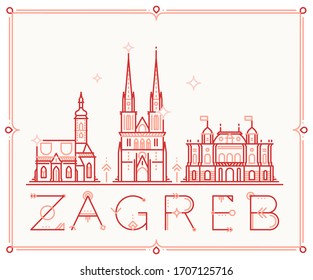 Skyline of Zagreb, Croatia. This vector illustration represents the city with its main attractions and notable buildings. Stylized architecture for websites, graphic design, merchandising