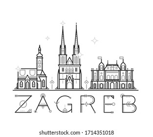 Skyline of Zagreb, Croatia. This vector illustration represents the city with its main attractions and notable buildings. Stylized architecture for websites, graphic design, merchandising