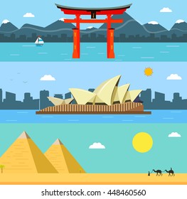 Skylines design with landmarks. Japan, Australia and Egypt world landmarks. Travel and Tourism concept. Vector