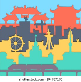 Skylines seamless pattern. Town. Paper cut. Vector.