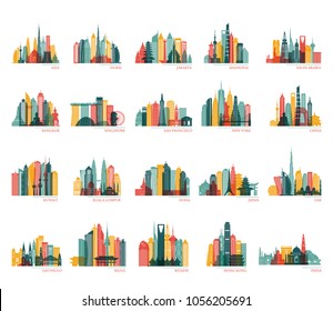 Skylines silhouette set (India, China, Japan, Seoul, Jakarta, Bangkok, Kuwait, Dubai, Saudi Arabia, Riyadh, Doha, Shanghai, New York and other). Travel and tourism background. Vector illustration