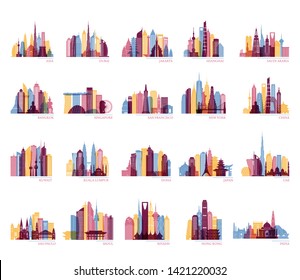 Skylines silhouette set (India, China, Japan, Seoul, Jakarta, Bangkok, Kuwait, Dubai, Saudi Arabia, Riyadh, Doha, Shanghai, New York and other). Travel and tourism background. Vector illustration