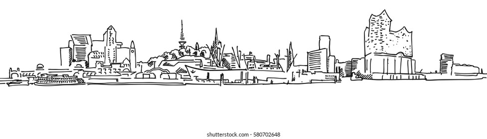 Skylinie Hamburg Port Panorama, hand-drawn Panorama Vector Outline Sketch