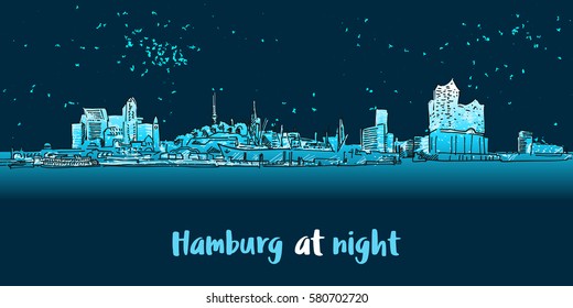 Skylinie Hamburg Port Panorama at night, hand-drawn Panorama Vector Outline Sketch