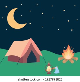 skynight and tent with bonfire