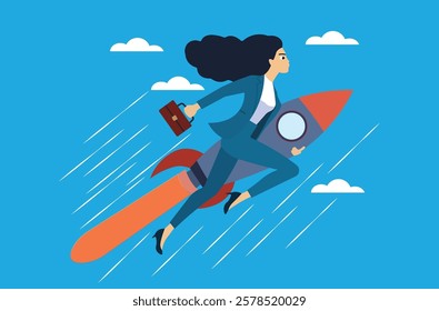 Skyrocketing to success!  Businesswoman with jetpack, symbolizing career advancement and ambition.  Leadership, woman power, and achieving goals concept.