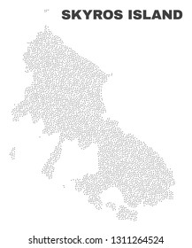 Skyros Island map designed with little dots. Vector abstraction in black color is isolated on a white background. Scattered little particles are organized into Skyros Island map.
