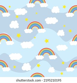 Sky's Canvas: Experience the beauty of a hand-drawn rainbow and cute cloud against a blue sky in our seamless vector illustration. Perfect for adding a touch of whimsy to your creative projects.