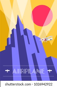 Skyscraper and airplane poster in art deco style. Vintage travel illustration