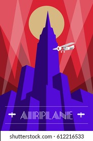 Skyscraper And Airplane Poster In Art Deco Style. Vintage Travel Illustration.