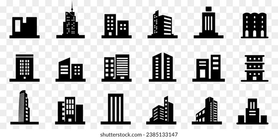 Skyscraper, apartment, office, government building icon collection in black. Architecture buildings symbols. Skyscraper or apartment building icons. Set of architecture signs