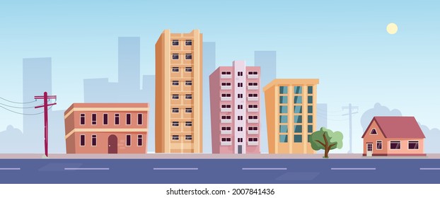 Distrito residencial de apartamentos rascacielos en el centro de la ciudad. Estructura inmobiliaria, vivienda privada para ciudadanos viviendo paisajes panorámicos. Calle con ilustración vectorial de alojamiento urbano o suburbio