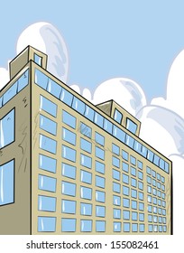 Skyscraper building with blue sky and clouds behind