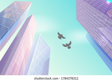 Skyscraper building in city space in flat style concept bottom view and birds doves in the sky. Modern urban landscape city life. Industrial constructions with apartments and office premises