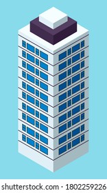 Skyscraper building in city space in flat style concept top view isolated on blue. Modern urban structure illustration with house facade. Industrial constructions with apartments and office premises