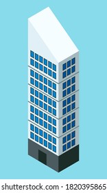 Skyscraper building in city space in flat style concept top view isolated on blue. Modern urban structure illustration with house facade. Industrial constructions with apartments and office premises