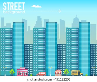 skyscraper building in city space with road on flat style background concept. Vector illustration design