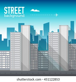 skyscraper building in city space with road on flat style background concept. Vector illustration design