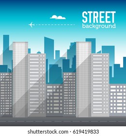 skyscraper building in city space with road on flat style background concept. Vector illustration design