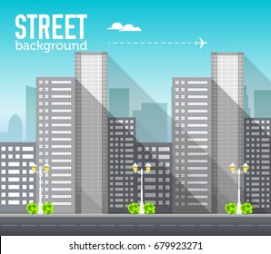 skyscraper building in city space with road on flat style background concept. Vector illustration design