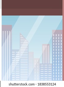 Skyscraper building in city space view from the window. Vector design modern urban landscape city life illustration with house facades. Industrial constructions with apartments and office premises