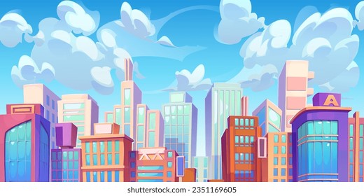 Skyscraper building city view vector illustration. Skyline and cloud background with modern high business office construction in town. Condo real estate big home in metropolis downtown district