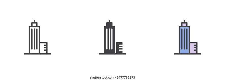 Skyscraper building different style icon set. Line, glyph and filled outline colorful version, outline and filled vector sign. Business center symbol, logo illustration. Vector graphics