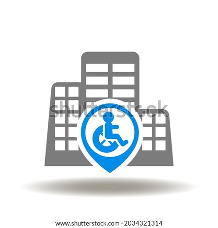 Skyscraper building with disabled or pensioner and location map marker vector illustration. Symbol a modern nursing home.