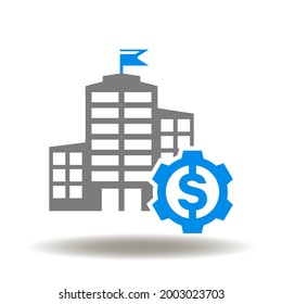Skyscraper building with gear and dollar currency vector illustration. Governance and investment symbol. Financial government organization office icon.