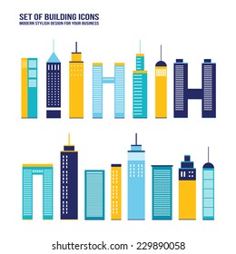 Skyscraper building icon set. City infographic elements. Vector illustration. Part 1. 