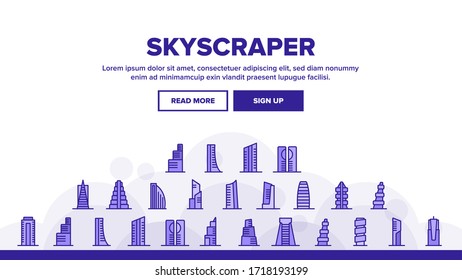 Skyscraper Building Landing Web Page Header Banner Template Vector. Architecture And Exterior Skyscraper, Business City House And Construction Illustration
