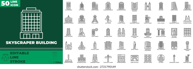 Conjunto de iconos editables de línea de construcción de rascacielos